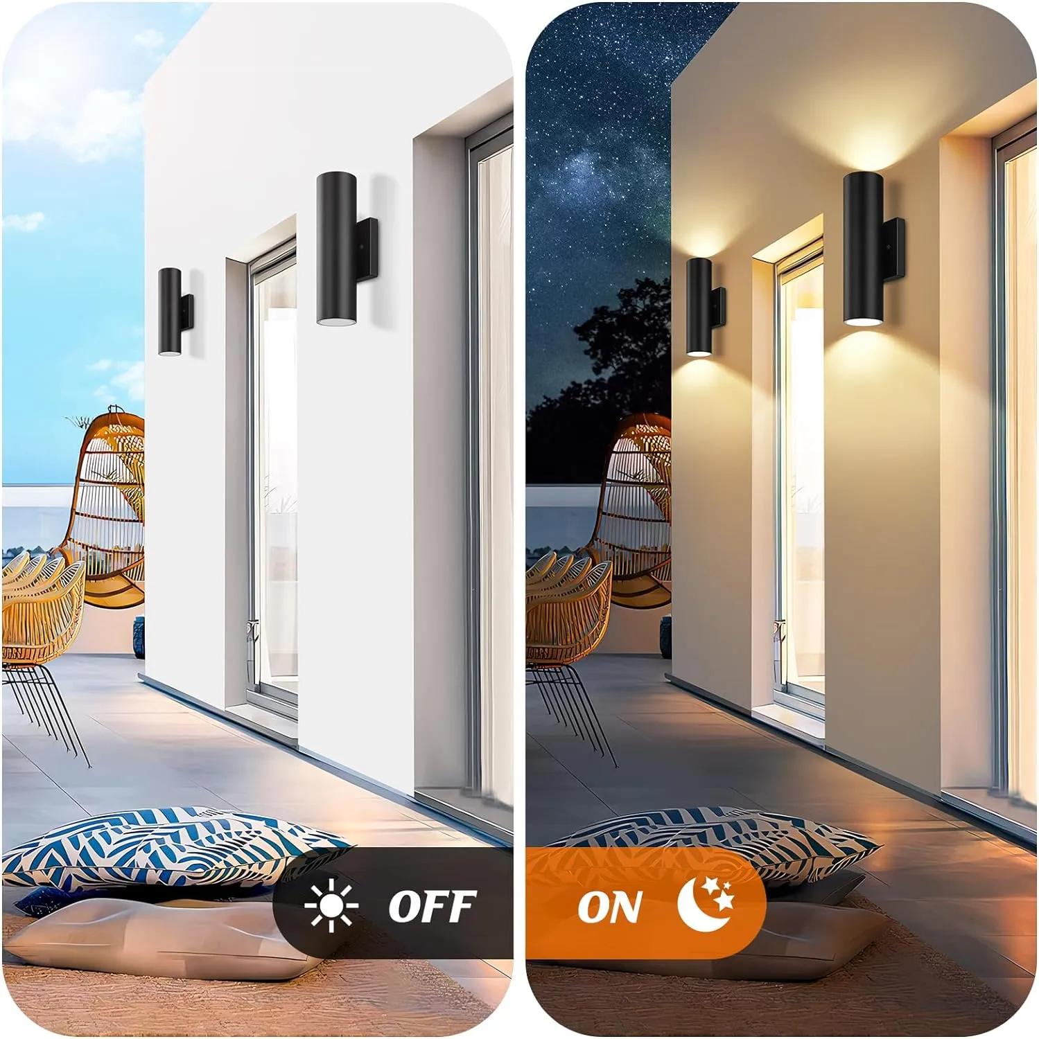 Outdoor Wall Lights, 12W 3000K Integrated LED Cylinder Up Down Lights, 1200LM Super Bright Waterproof Exterior Wall Sconce, 2-Pack Modern Black Outside Wall Lantern for Porch Patio Garage