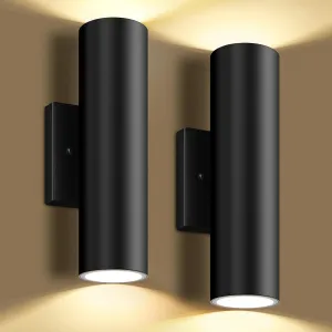 Outdoor Wall Lights, 12W 3000K Integrated LED Cylinder Up Down Lights, 1200LM Super Bright Waterproof Exterior Wall Sconce, 2-Pack Modern Black Outside Wall Lantern for Porch Patio Garage