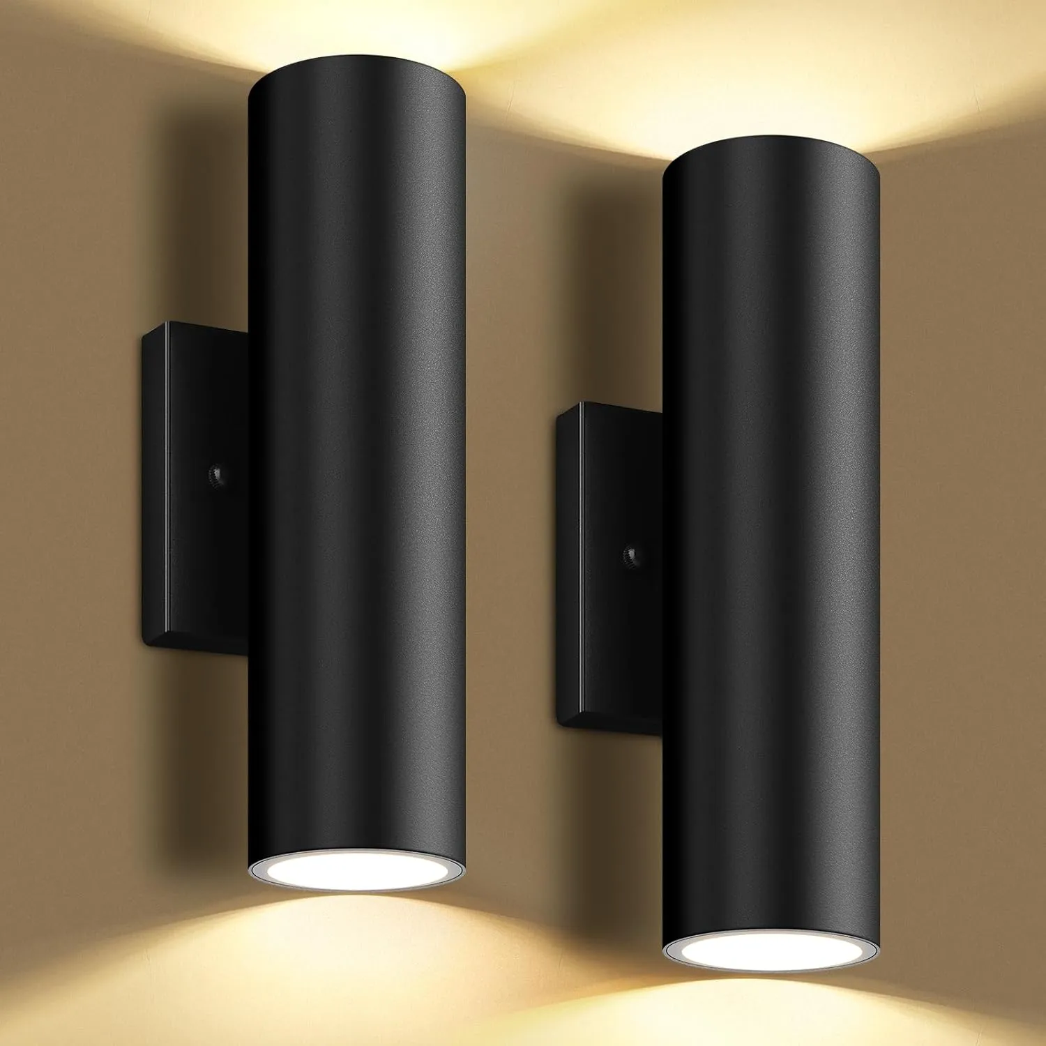 Outdoor Wall Lights, 12W 3000K Integrated LED Cylinder Up Down Lights, 1200LM Super Bright Waterproof Exterior Wall Sconce, 2-Pack Modern Black Outside Wall Lantern for Porch Patio Garage