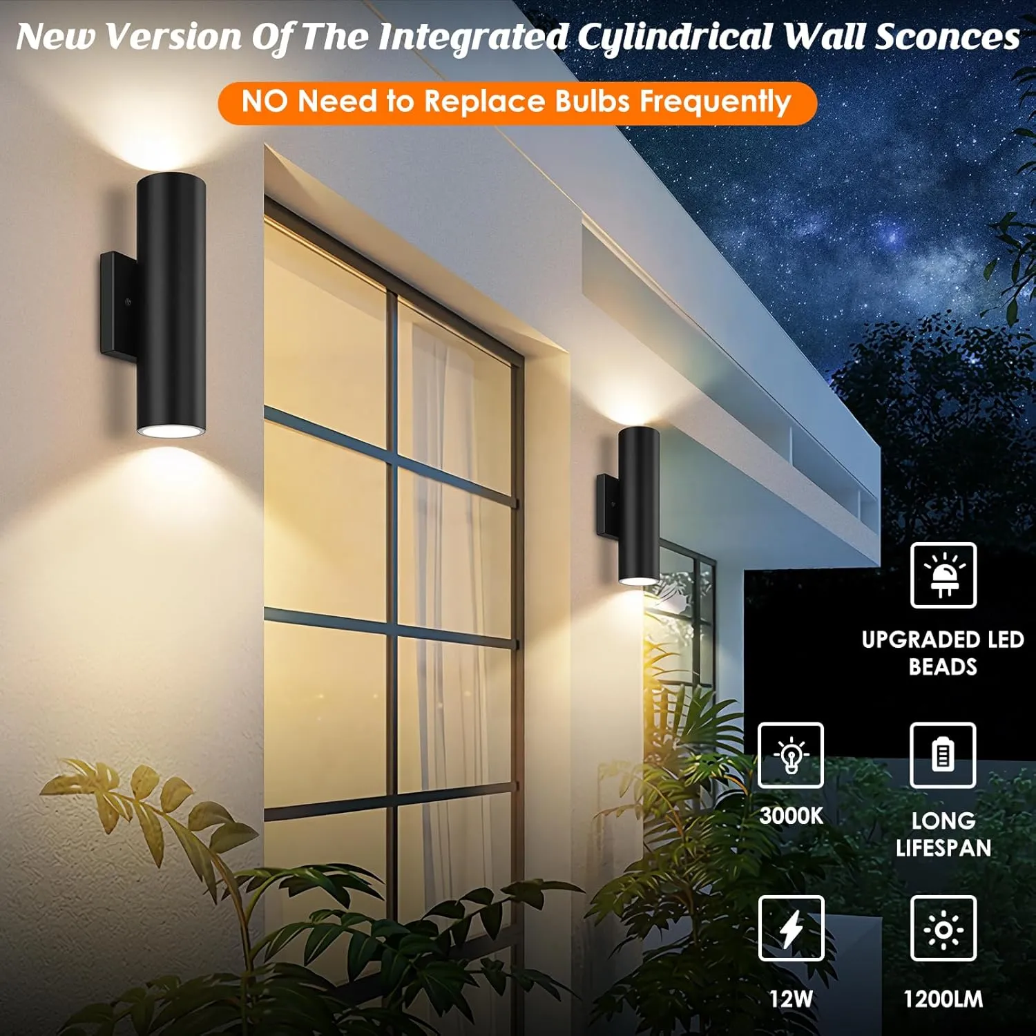 Outdoor Wall Lights, 12W 3000K Integrated LED Cylinder Up Down Lights, 1200LM Super Bright Waterproof Exterior Wall Sconce, 2-Pack Modern Black Outside Wall Lantern for Porch Patio Garage