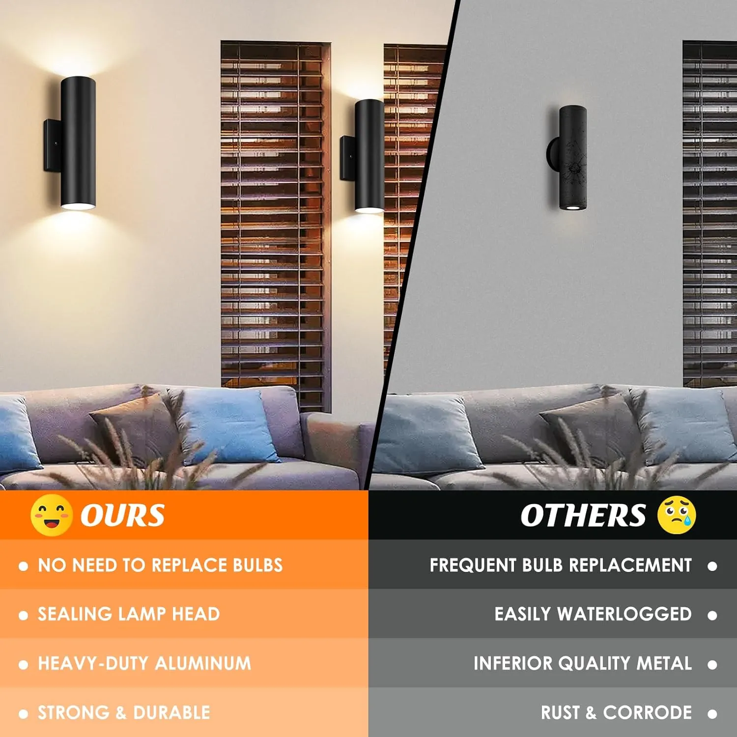 Outdoor Wall Lights, 12W 3000K Integrated LED Cylinder Up Down Lights, 1200LM Super Bright Waterproof Exterior Wall Sconce, 2-Pack Modern Black Outside Wall Lantern for Porch Patio Garage