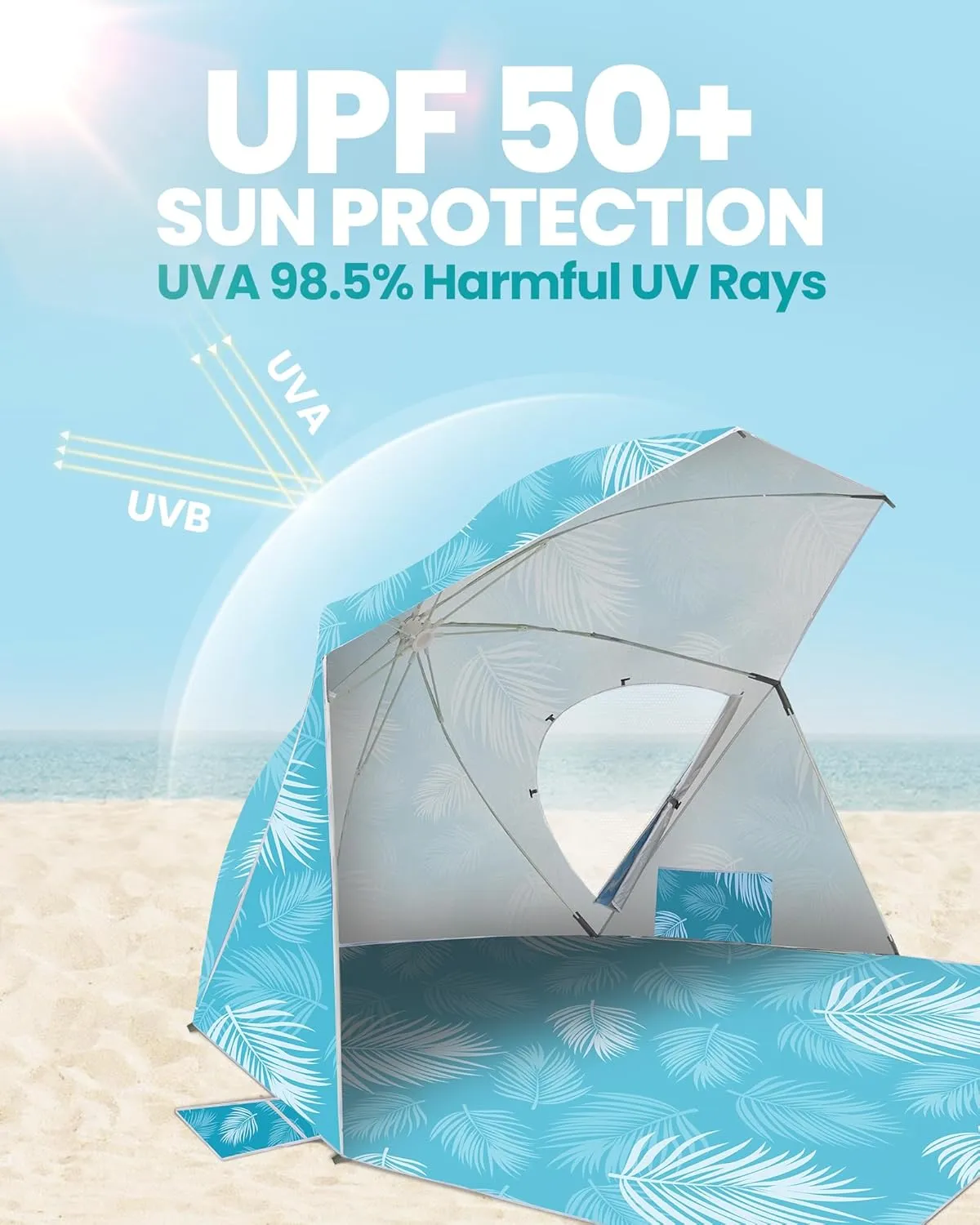 OutdoorMaster Pop Up Beach Umbrella, Portable Beach Tent Shelter, Beach Shade Sun Canopy with UPF 50  UV Protection, Extendable Floor with Carrying Bag