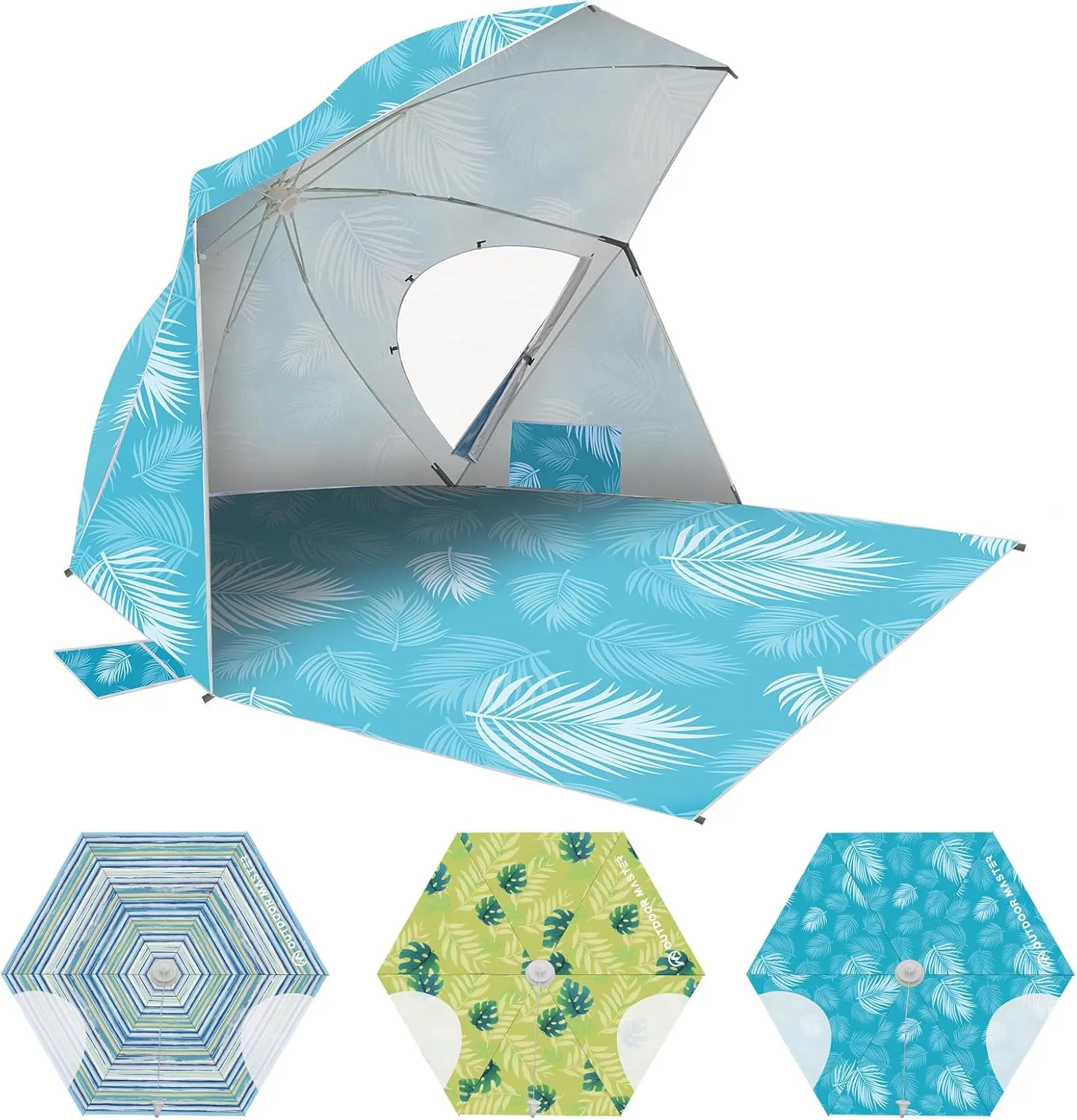 OutdoorMaster Pop Up Beach Umbrella, Portable Beach Tent Shelter, Beach Shade Sun Canopy with UPF 50  UV Protection, Extendable Floor with Carrying Bag