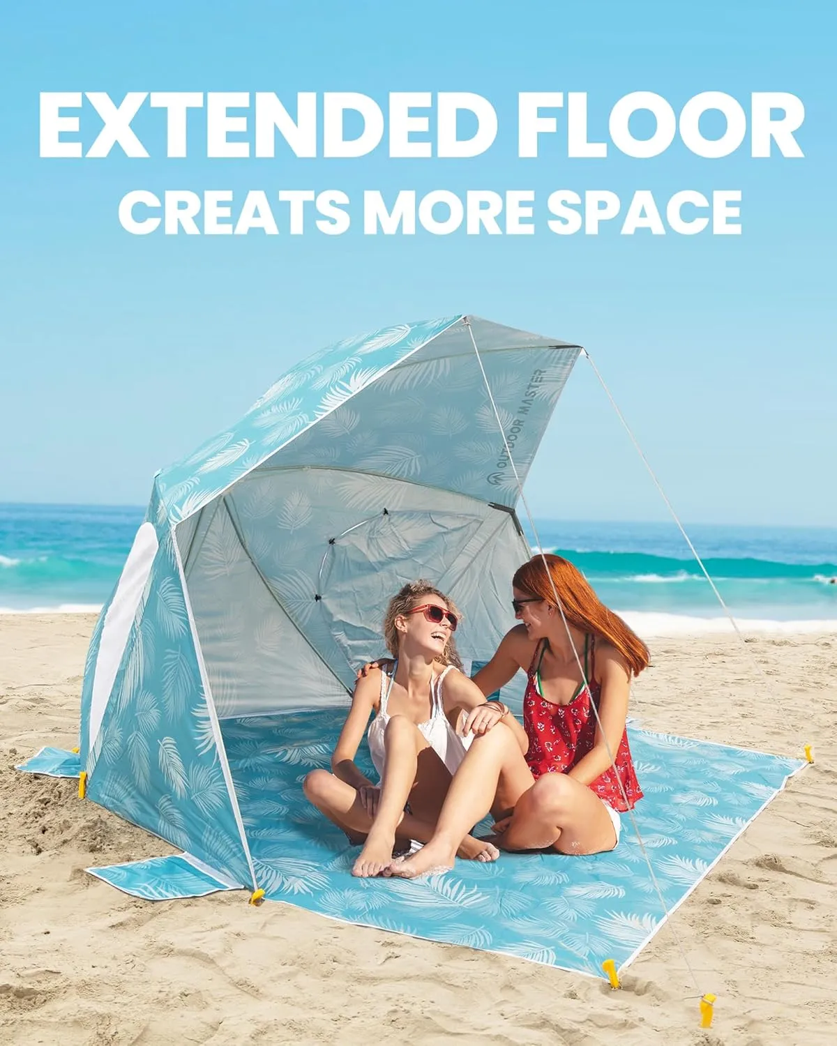 OutdoorMaster Pop Up Beach Umbrella, Portable Beach Tent Shelter, Beach Shade Sun Canopy with UPF 50  UV Protection, Extendable Floor with Carrying Bag