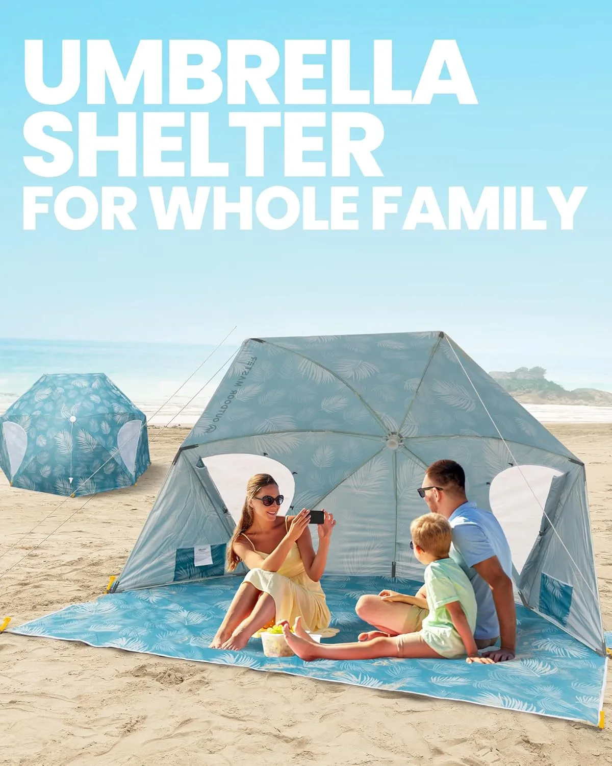 OutdoorMaster Pop Up Beach Umbrella, Portable Beach Tent Shelter, Beach Shade Sun Canopy with UPF 50  UV Protection, Extendable Floor with Carrying Bag