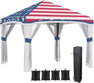 Outsunny 10' x 10' Pop Up Canopy Tent with Netting, Instant Tents for Parties, Height Adjustable, with Wheeled Carry Bag and 4 Sand Bags for Outdoor, Garden, Patio, American Flag