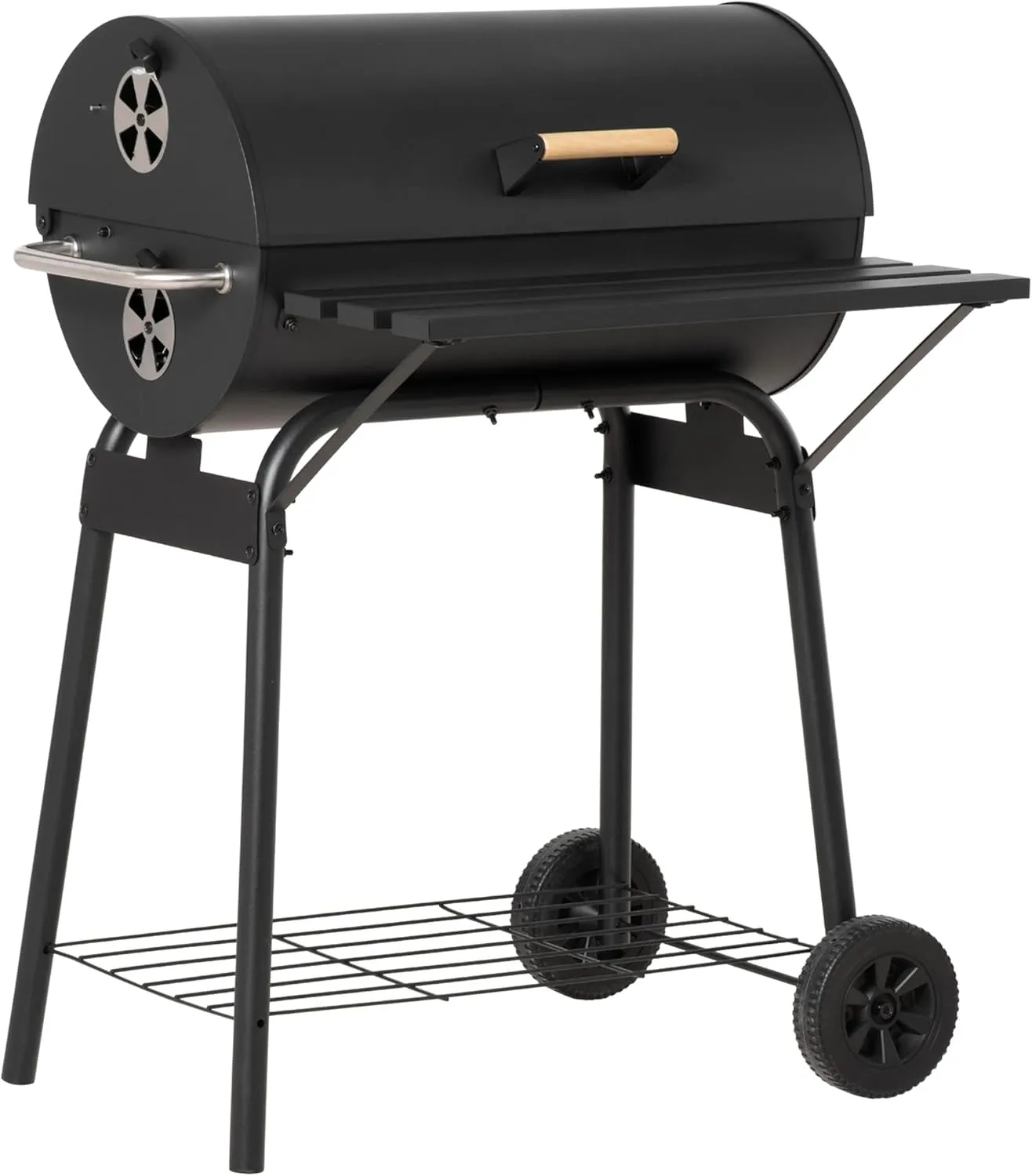 Outsunny 30" Portable Barrel Charcoal BBQ Grill, Steel Outdoor Barbecue Smoker with 370 Square Inches Cooking Space, Storage Shelf, Wheels for Garden Camping Picnic, Black