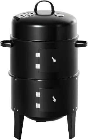 Outsunny Vertical Charcoal BBQ Smoker, 3-in-1 16" Round Charcoal Barbecue Grill with 2 Cooking Area, and Thermometer for Outdoor Camping Picnic Backyard Cooking, Black