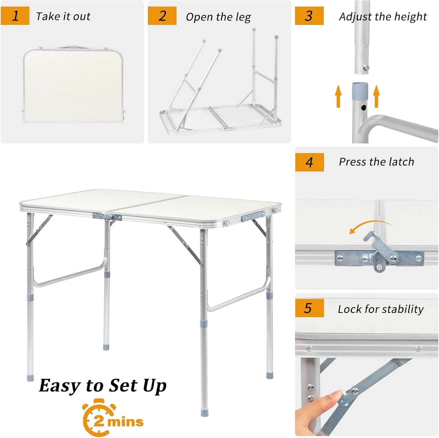 Outvita 3ft Portable Folding Camping Table, Outdoor Waterproof Adjustable Height Table, Aluminum Lightweight Suitcase Foldable Table for Picnic BBQ Beach Dining
