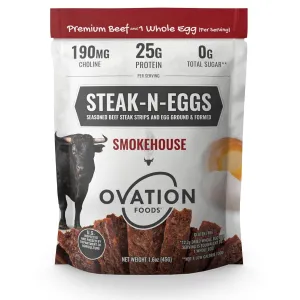 Ovation Foods Steak-N-Eggs Beef Strips, Zero Sugar, High-Protein Jerky (25g premium protein), Gluten Free, KETO, Paleo 1.6oz Bag (4 count) - Smokehouse