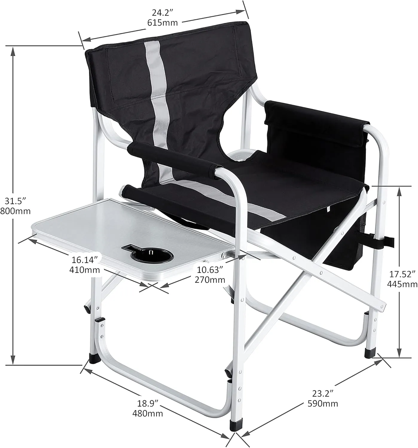 Oversized Padded Folding Chair with Side Table - 400lb Capacity Portable Directors Chair for Camping Picnics Fishing Indoor Outdoor Use Lightweight Oxford Fabric (1-Piece Black)