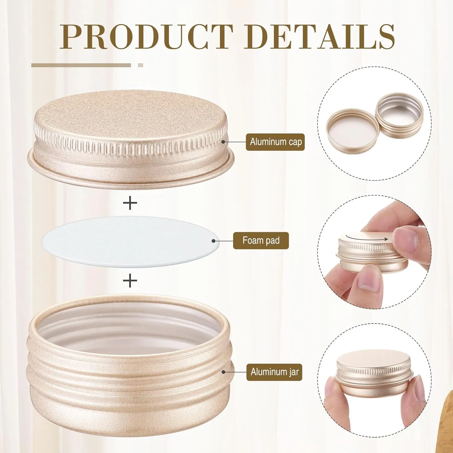Patelai 64 Pieces Lip Balm Tin Containers Screw Top Round Tin Cans Aluminum Jar with Screw Lid, Empty Bottle Travel Cosmetic Sample Container for DIY(0.5 oz,Champagne)