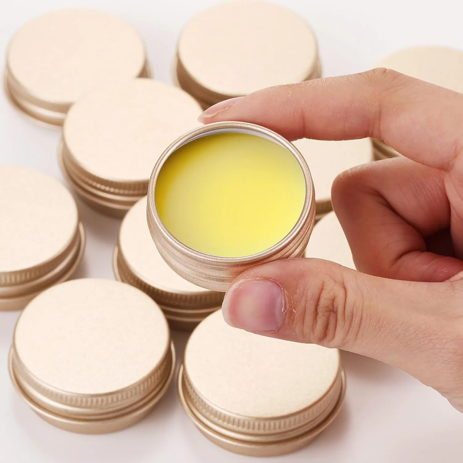 Patelai 64 Pieces Lip Balm Tin Containers Screw Top Round Tin Cans Aluminum Jar with Screw Lid, Empty Bottle Travel Cosmetic Sample Container for DIY(0.5 oz,Champagne)