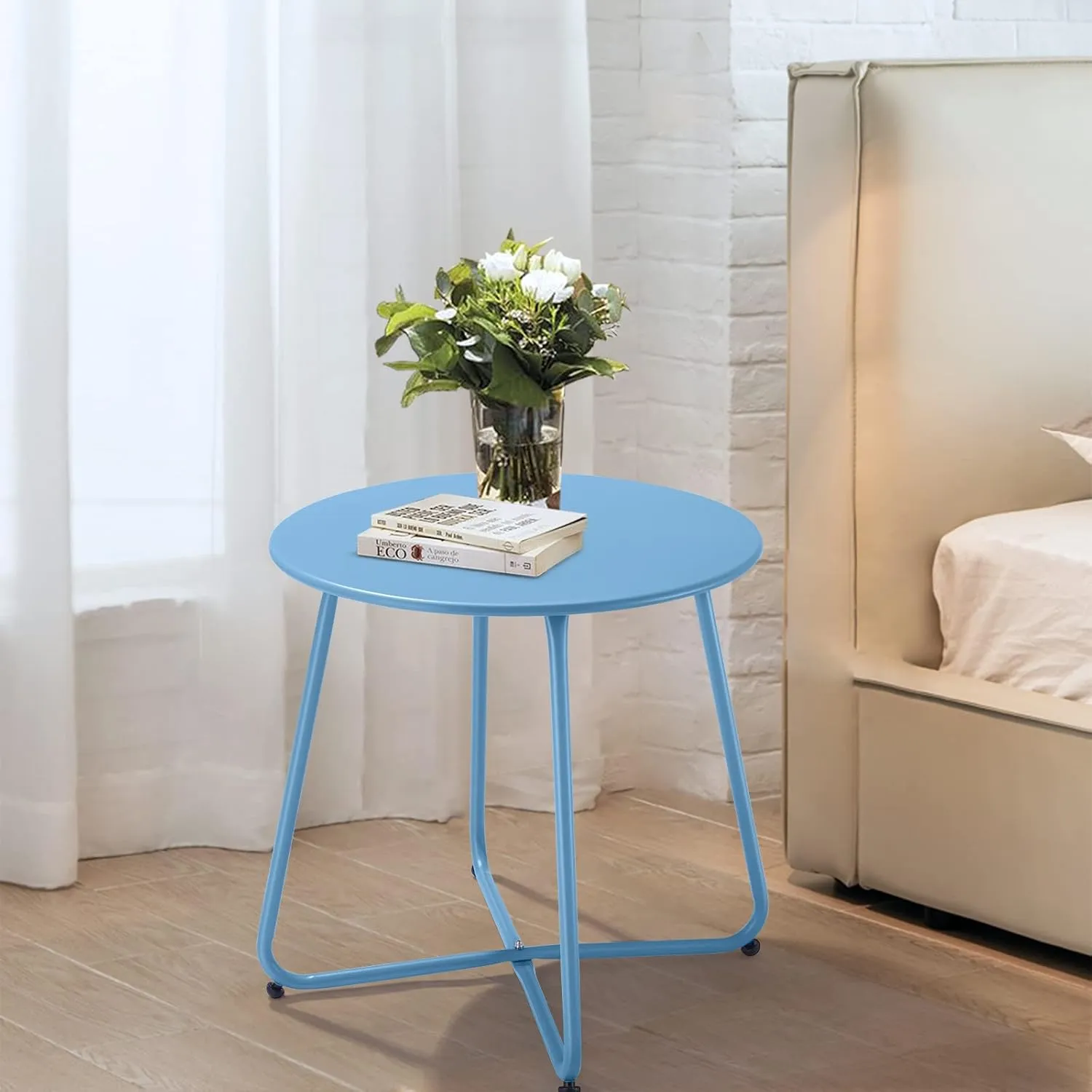 Patio Outdoor Side Table Waterproof Round Metal Steel Small Side Table Weather Resistant Portable Outdoor and Indoor End Table for Garden Balcony Yard, Blue
