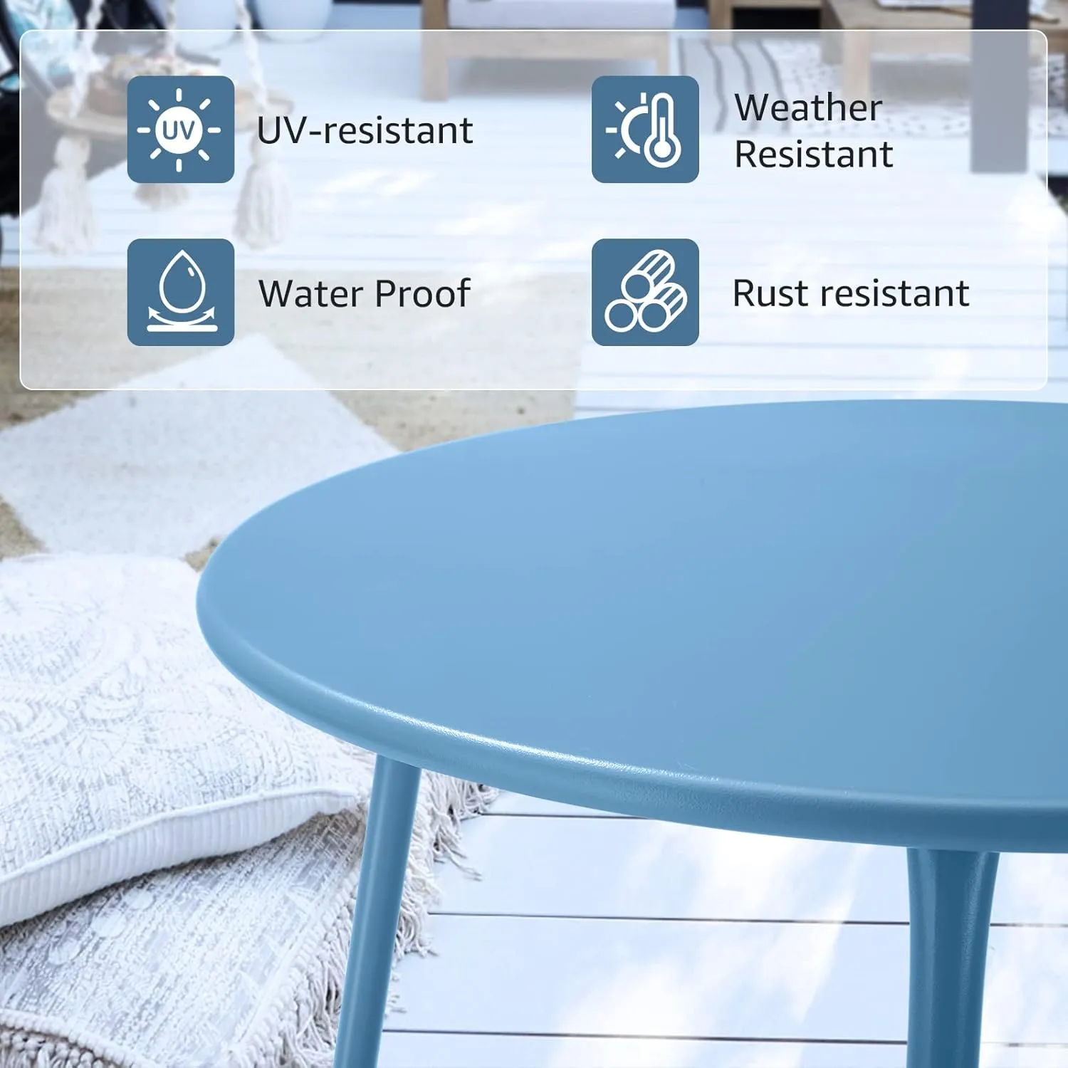 Patio Outdoor Side Table Waterproof Round Metal Steel Small Side Table Weather Resistant Portable Outdoor and Indoor End Table for Garden Balcony Yard, Blue