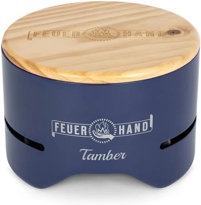 Petromax Feuerhand Tamber Tabletop Charcoal Grill, Powder-Coated Steel for Outdoor Use, Wood Lid, 7.9 inch diameter, Cobalt Blue
