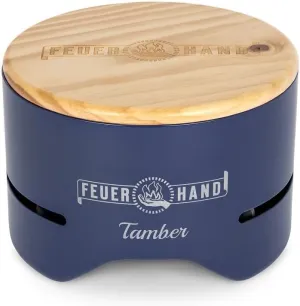 Petromax Feuerhand Tamber Tabletop Charcoal Grill, Powder-Coated Steel for Outdoor Use, Wood Lid, 7.9 inch diameter, Cobalt Blue