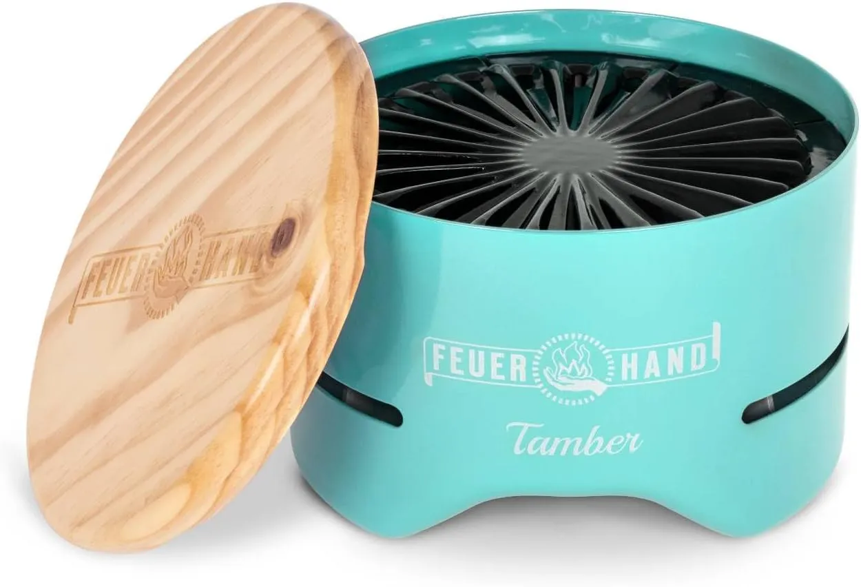 Petromax Feuerhand Tamber Tabletop Charcoal Grill, Powder-Coated Steel for Outdoor Use, Wood Lid, 7.9 inch diameter, Light Green