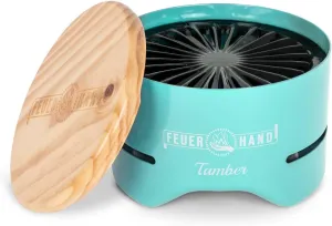 Petromax Feuerhand Tamber Tabletop Charcoal Grill, Powder-Coated Steel for Outdoor Use, Wood Lid, 7.9 inch diameter, Light Green