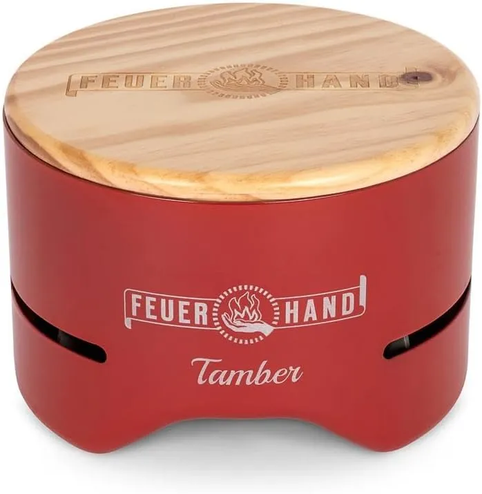Petromax Feuerhand Tamber Tabletop Charcoal Grill, Powder-Coated Steel for Outdoor Use, Wood Lid, 7.9 inch diameter, Ruby Red