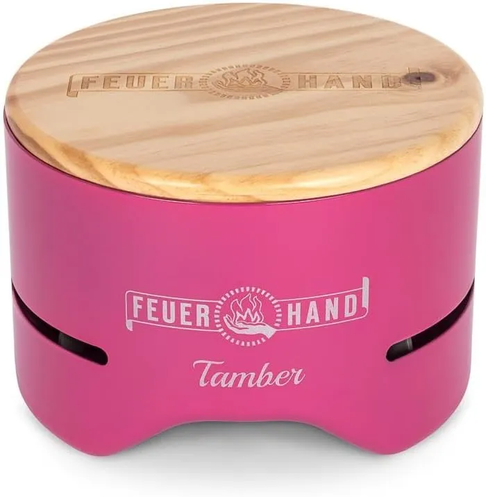Petromax Feuerhand Tamber Tabletop Charcoal Grill, Powder-Coated Steel for Outdoor Use, Wood Lid, 7.9 inch diameter, Telemagenta