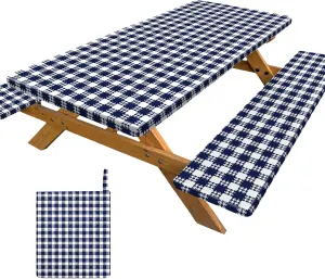Picnic Table Cover with Bench Covers Portable Table Cloth Built-in Storage Pocket Picnic Table Covers with Elastic Waterproof Camping Essentials for RV Camping