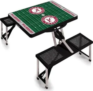PICNIC TIME NCAA Alabama Crimson Tide Folding Picnic Table with 4 Seats, Camping Table, Outdoor Table with Umbrella Hole, (Black - Football Field)