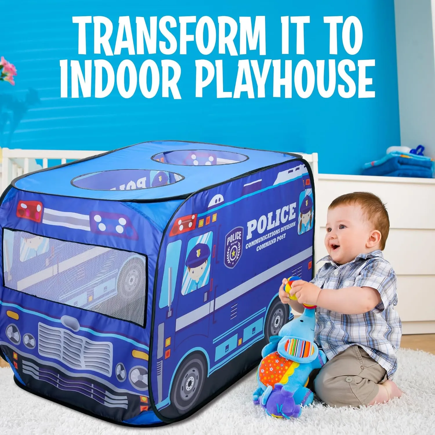 Police Car Pop Up Play Tent with Sound Button Super Hero Playhouse for Interactive Fun Play Toys & Gifts for Kids Toddlers Boys Girls Pop Up Car Tent Foldable Quick Setup - Indoor & Outdoor