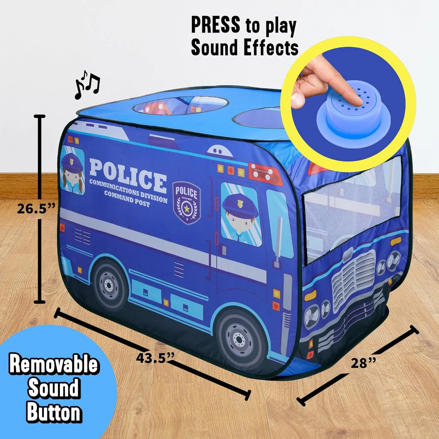 Police Car Pop Up Play Tent with Sound Button Super Hero Playhouse for Interactive Fun Play Toys & Gifts for Kids Toddlers Boys Girls Pop Up Car Tent Foldable Quick Setup - Indoor & Outdoor