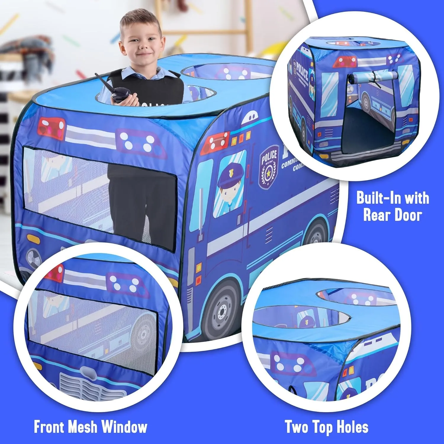 Police Car Pop Up Play Tent with Sound Button Super Hero Playhouse for Interactive Fun Play Toys & Gifts for Kids Toddlers Boys Girls Pop Up Car Tent Foldable Quick Setup - Indoor & Outdoor