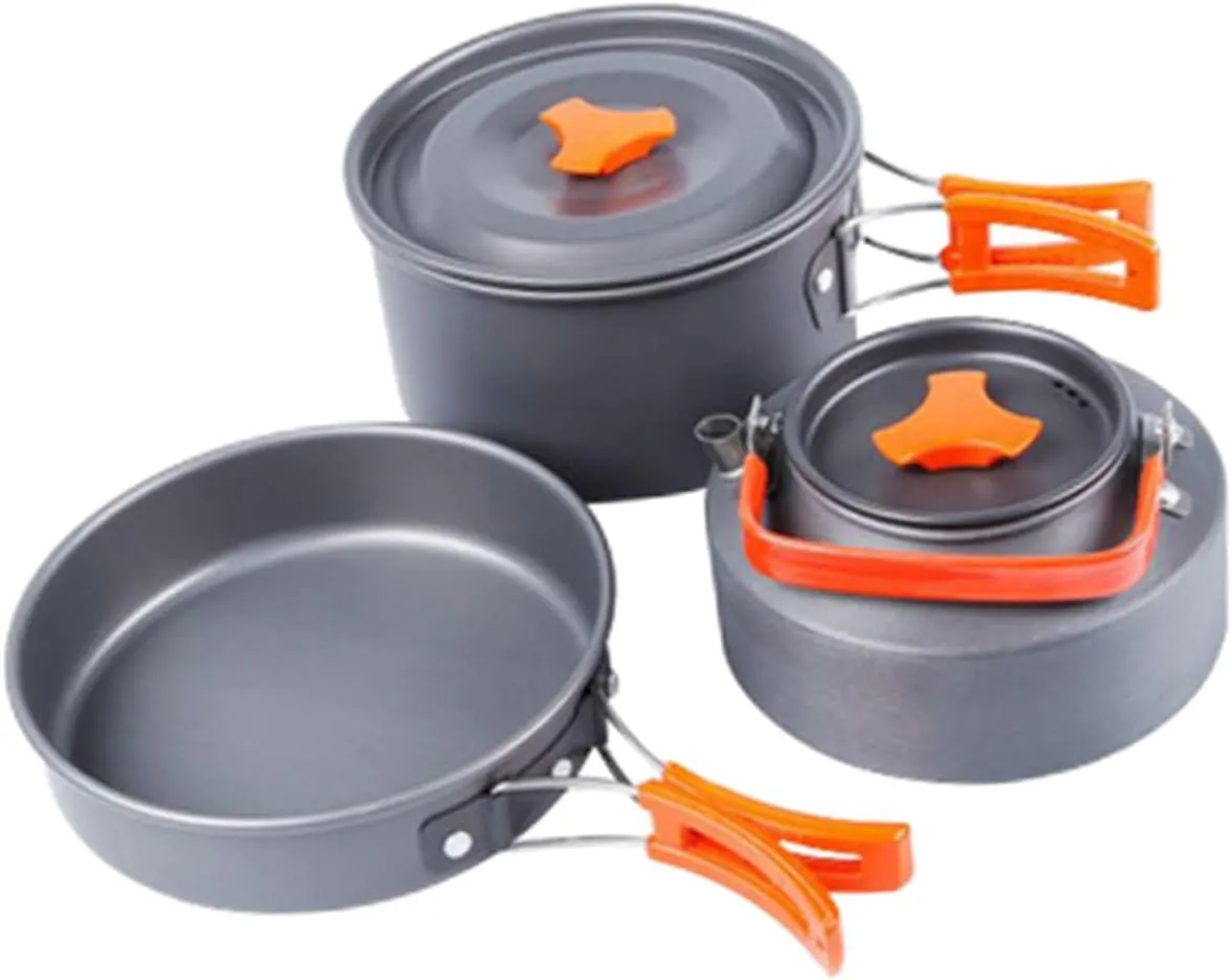POPETPOP Set of 3pcs Outdoor Camping Pots Aluminum Cookware Portable Pot Cutlery Teakettle for 2-3 People