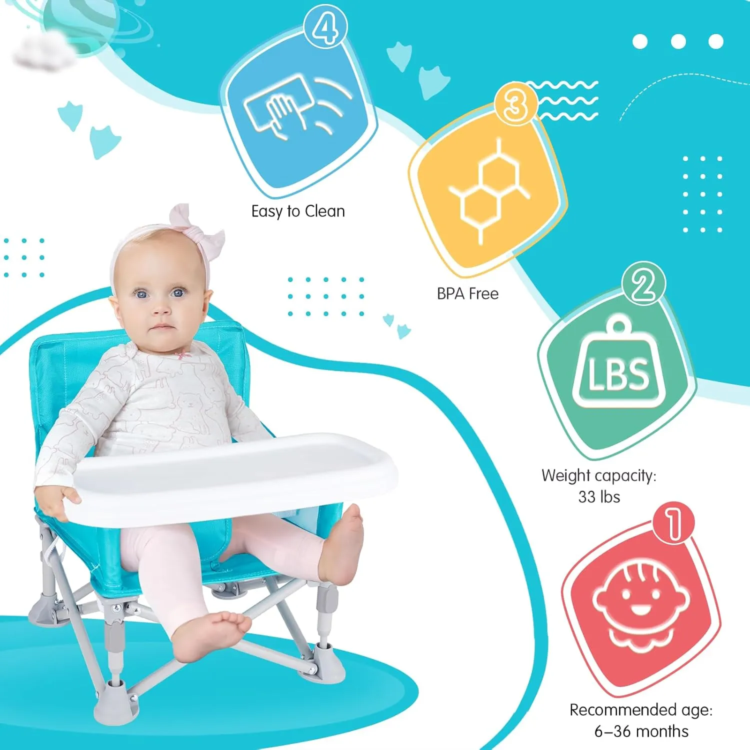 Portable Baby Booster Seat with Tray, Toddler Booster seat for Dining, Camping, Travel, Baby Beach Chair 6 Months to 3 Years Old Indoor Outdoor Use Cyan