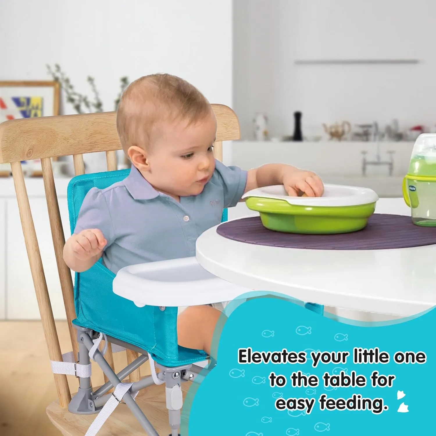 Portable Baby Booster Seat with Tray, Toddler Booster seat for Dining, Camping, Travel, Baby Beach Chair 6 Months to 3 Years Old Indoor Outdoor Use Cyan