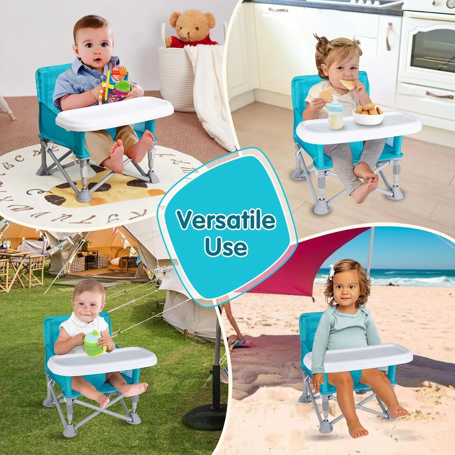 Portable Baby Booster Seat with Tray, Toddler Booster seat for Dining, Camping, Travel, Baby Beach Chair 6 Months to 3 Years Old Indoor Outdoor Use Cyan