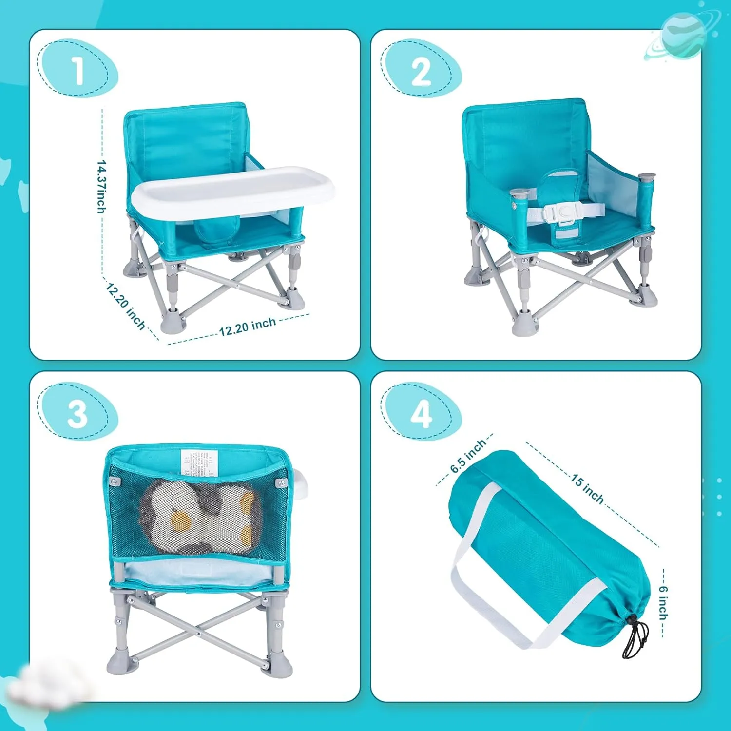 Portable Baby Booster Seat with Tray, Toddler Booster seat for Dining, Camping, Travel, Baby Beach Chair 6 Months to 3 Years Old Indoor Outdoor Use Cyan