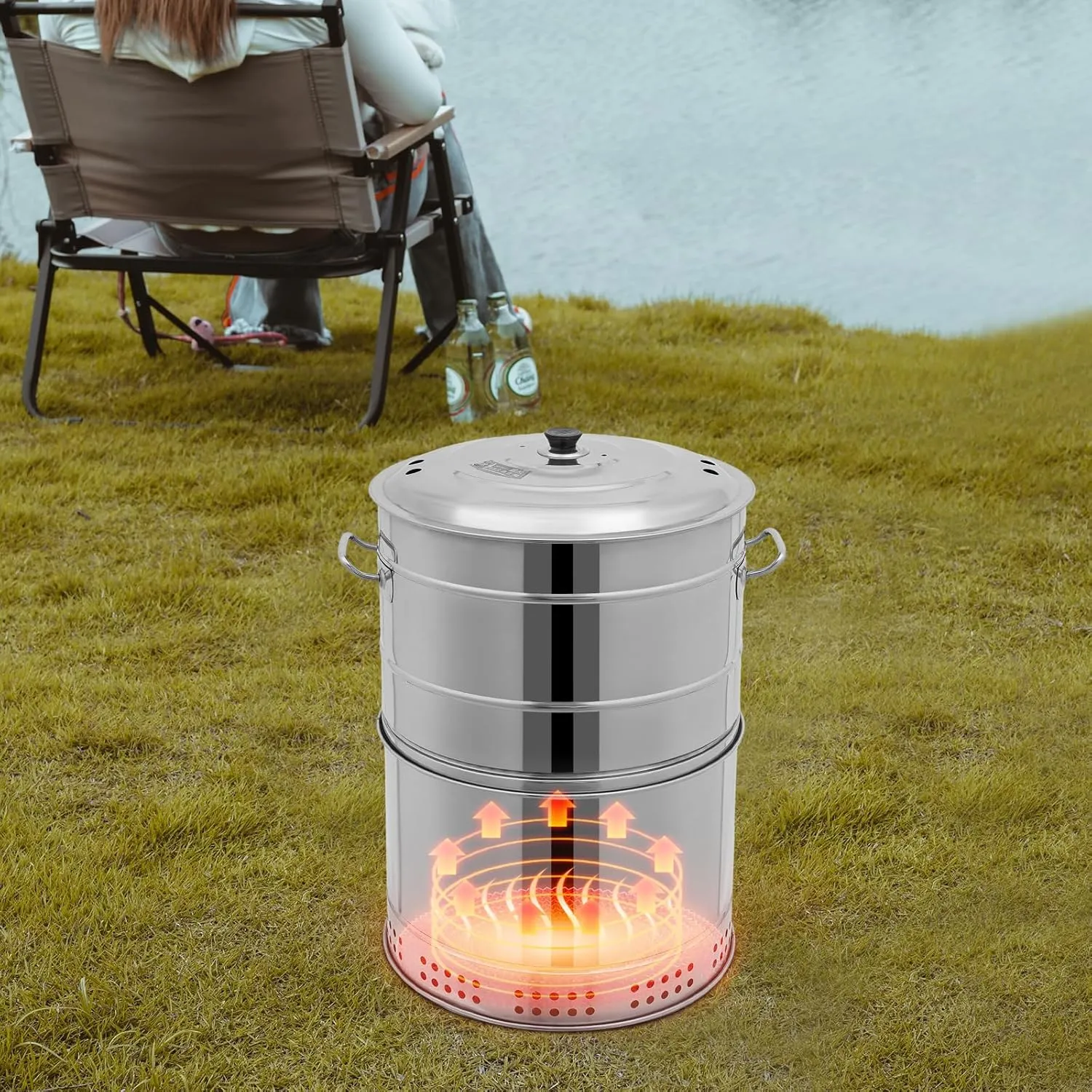 Portable Barbecue Charcoal Barrel Grill, Stainless Steel 360° Smokeless Barbecue Grill for Camping, Picnic, Backyard, Outdoor Cooking (50 Skewers)