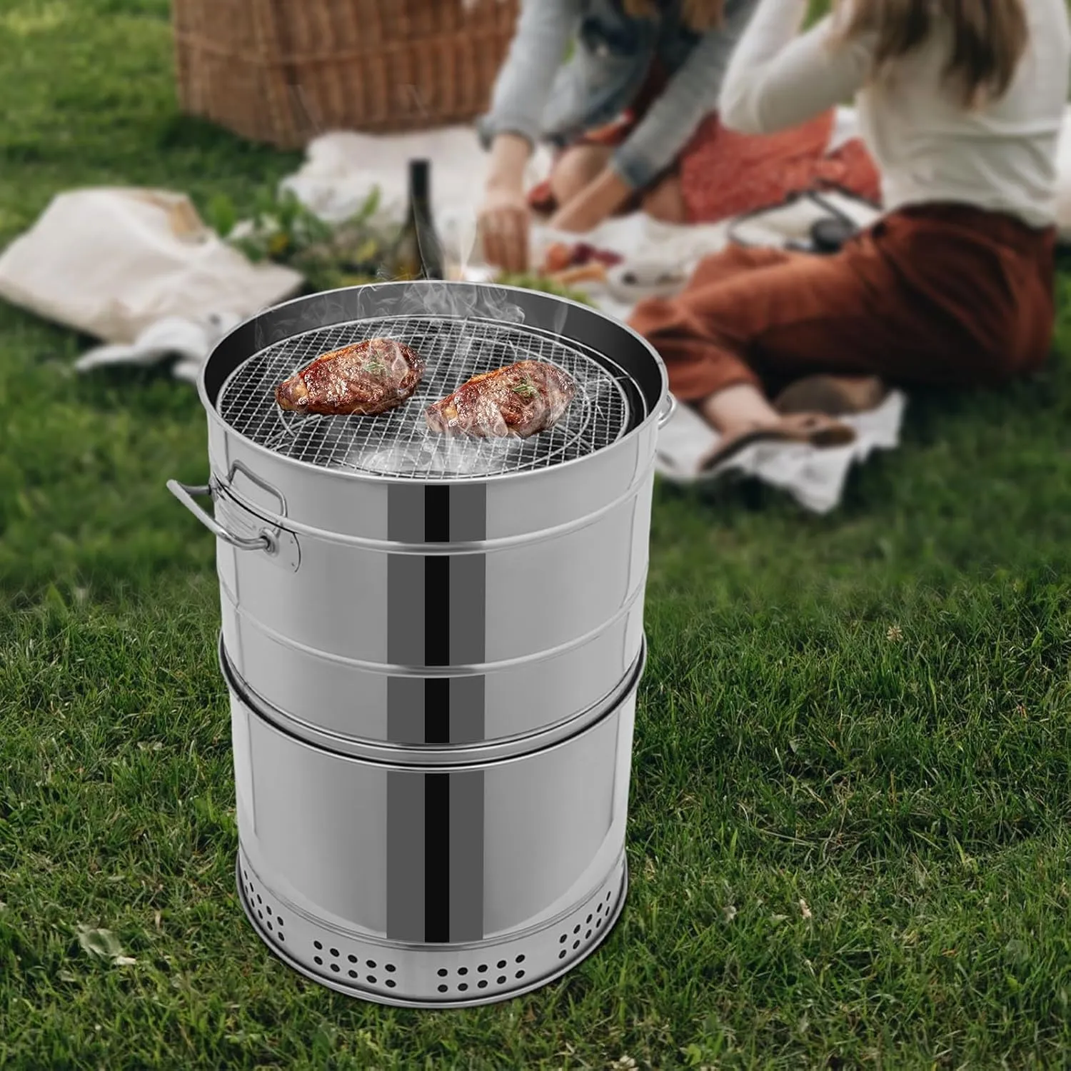 Portable Barbecue Charcoal Barrel Grill, Stainless Steel 360° Smokeless Barbecue Grill for Camping, Picnic, Backyard, Outdoor Cooking (50 Skewers)