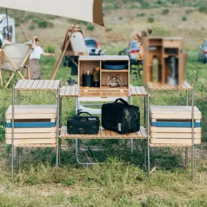 Portable Camp Storage Unit, Lightweight Portable Folding Kitchen Stand BBQ Table, Camping Kitchen Furniture