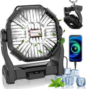 Portable Camping Fan with LED Lantern - 10400mAh Rechargeable Battery Powered Fan, 270°Pivot Personal USB Desk Fan, 4 Speed Quiet Table Fan, 9’’ Battery Operated Tent Fan for Travel, Picnic (Black)