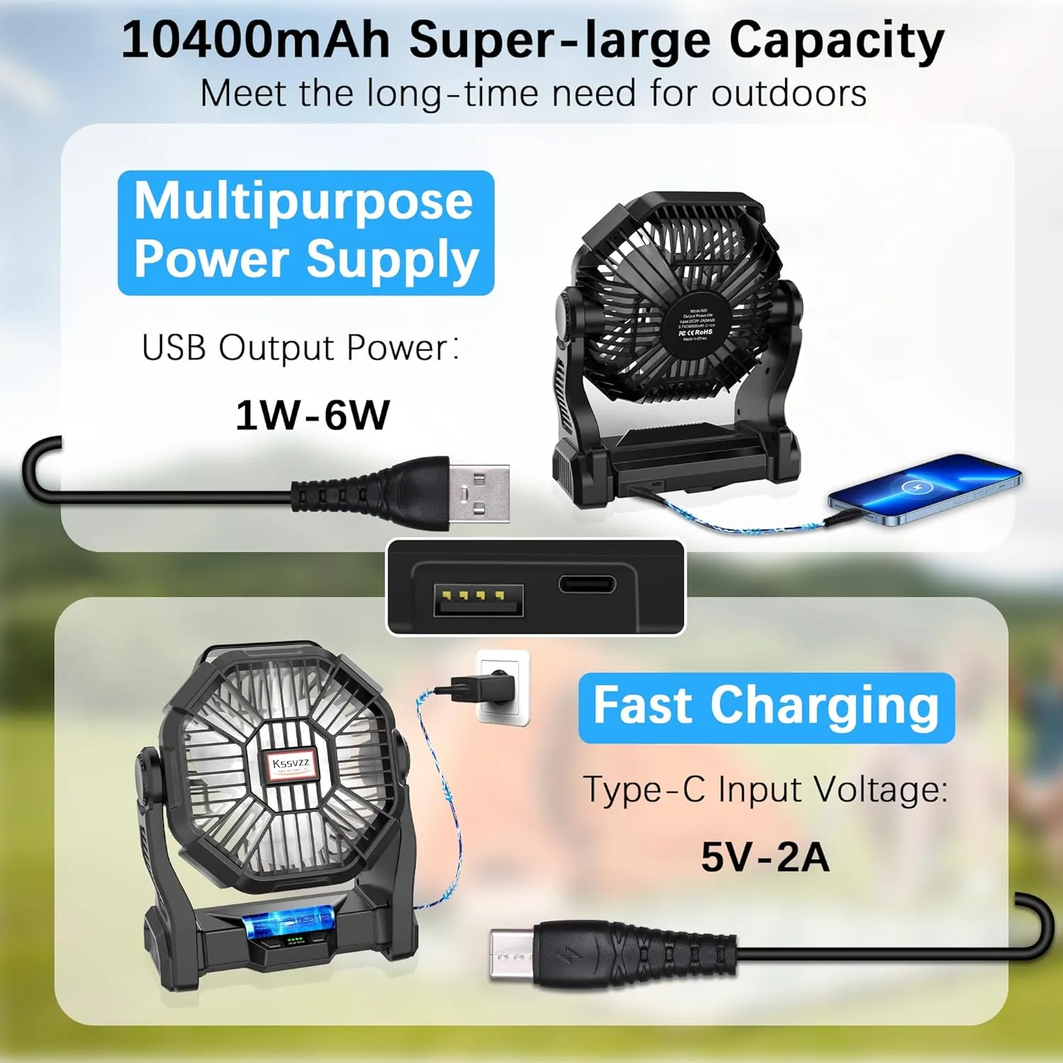 Portable Camping Fan with LED Lantern - 10400mAh Rechargeable Battery Powered Fan, 270°Pivot Personal USB Desk Fan, 4 Speed Quiet Table Fan, 9’’ Battery Operated Tent Fan for Travel, Picnic (Black)