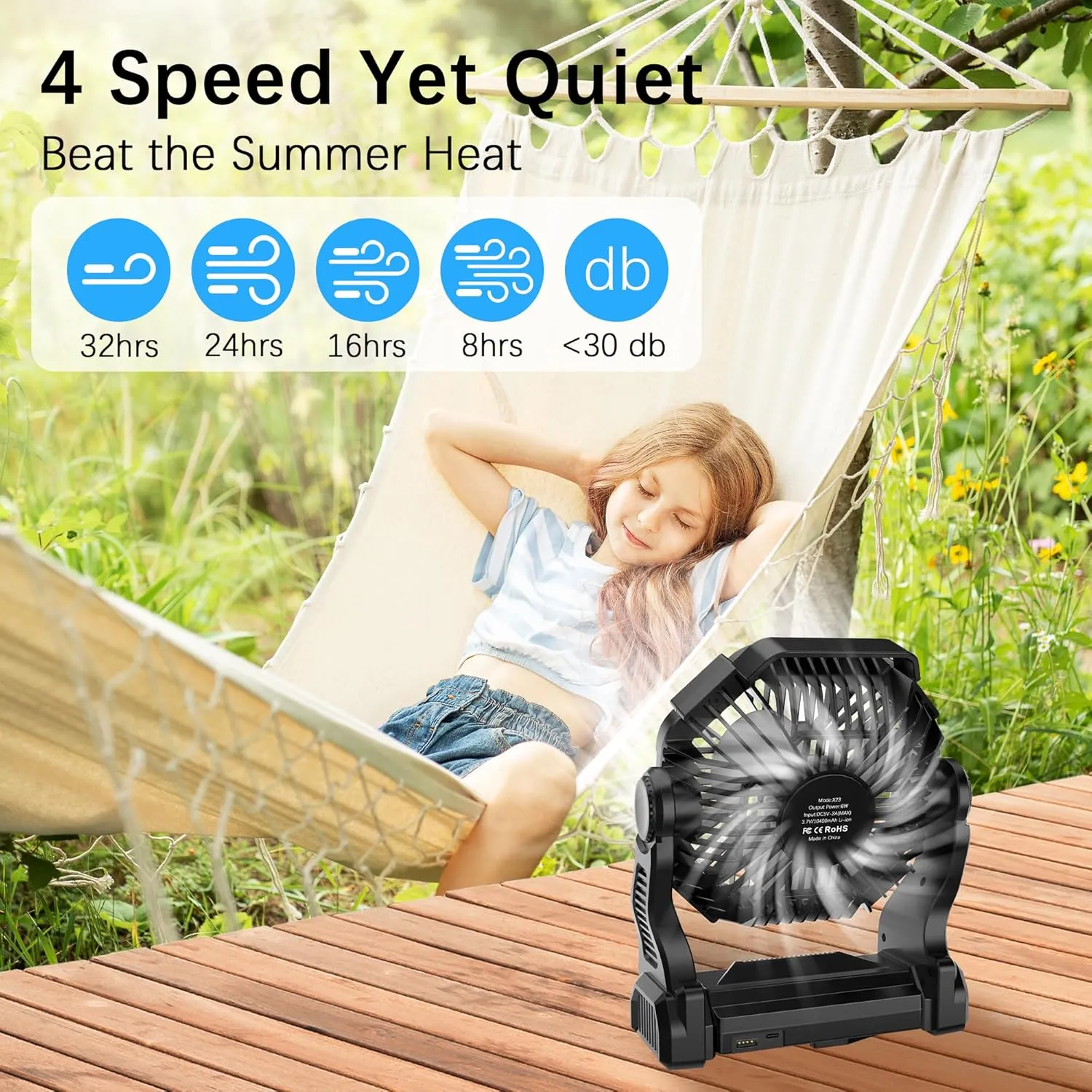 Portable Camping Fan with LED Lantern - 10400mAh Rechargeable Battery Powered Fan, 270°Pivot Personal USB Desk Fan, 4 Speed Quiet Table Fan, 9’’ Battery Operated Tent Fan for Travel, Picnic (Black)