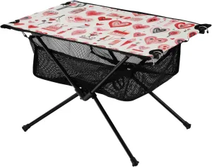 Portable Camping Table Cute Red Hearts Pattern Outdoor Foldable Camp Tables for Outside, Camping, Hiking, Tailgating