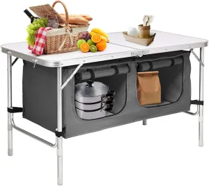 Portable Camping Table with Storage, Lightweight Aluminum Folding Table with Adjustable Legs, Outdoor Foldable Picnic Table for BBQ, Cooking, Camp & Party (Grey)