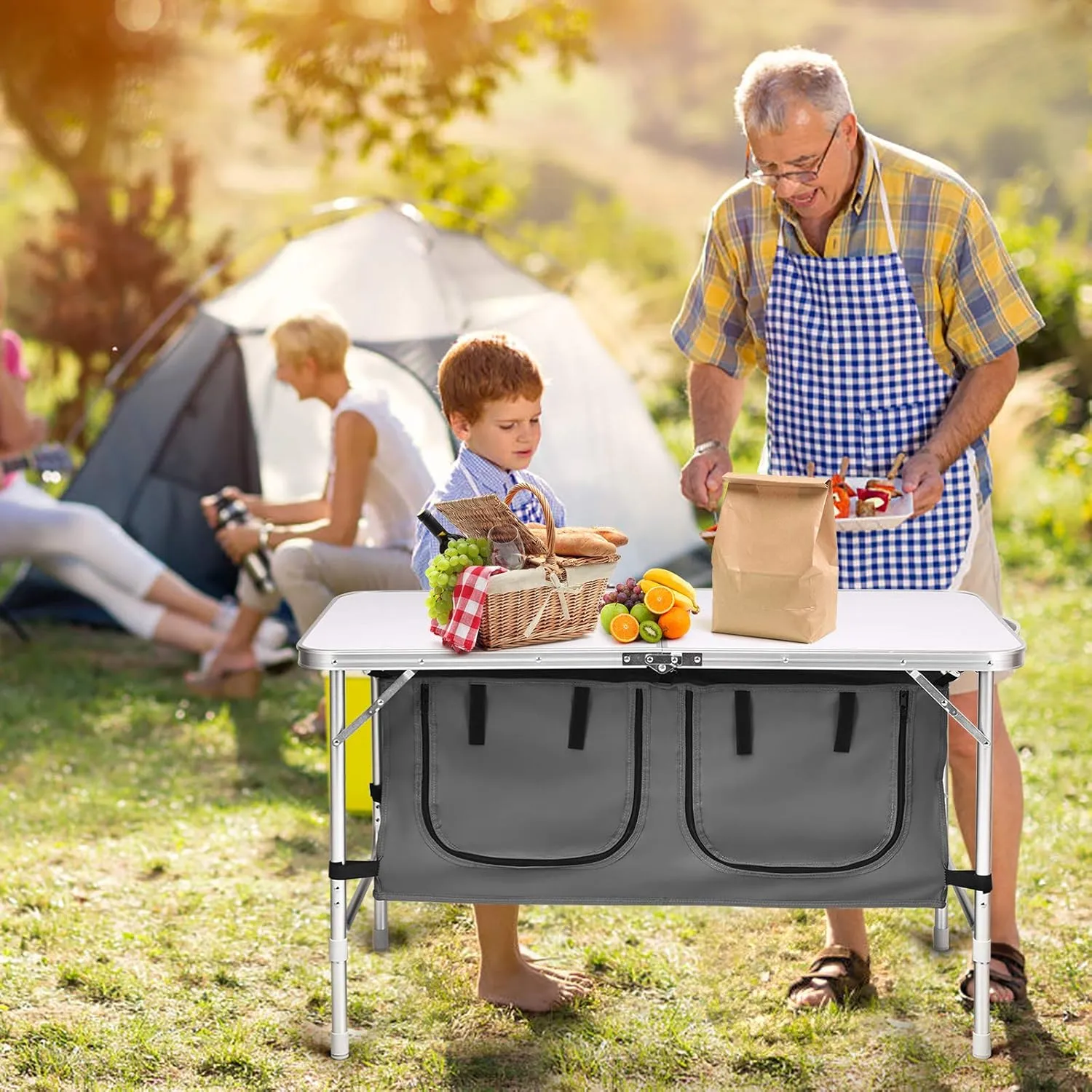 Portable Camping Table with Storage, Lightweight Aluminum Folding Table with Adjustable Legs, Outdoor Foldable Picnic Table for BBQ, Cooking, Camp & Party (Grey)