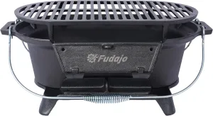 Portable Cast Iron Charcoal Grill with Tabletop Skillet, 100% Heavy-Duty Iron, for Camping and Outdoor Cooking, Black