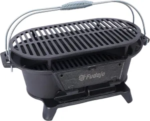 Portable Cast Iron Hibachi Grill - Tabletop Charcoal Grill for Camping, Tailgating & Patio | Oval Design with Cooking Grate | Compact BBQ Stove (15.5")