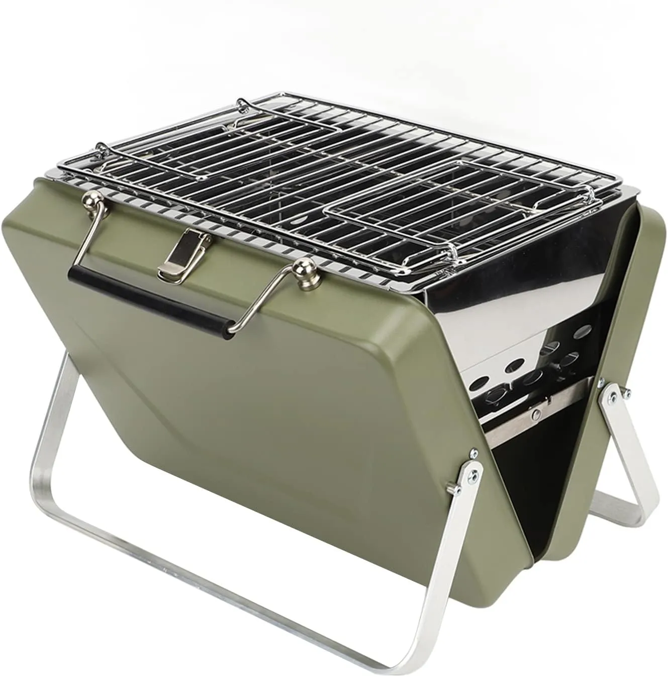 Portable Charcoal BBQ Grill Folding Notebook Grill for Camping Outdoor Cooking Backyard Picnic (Green)