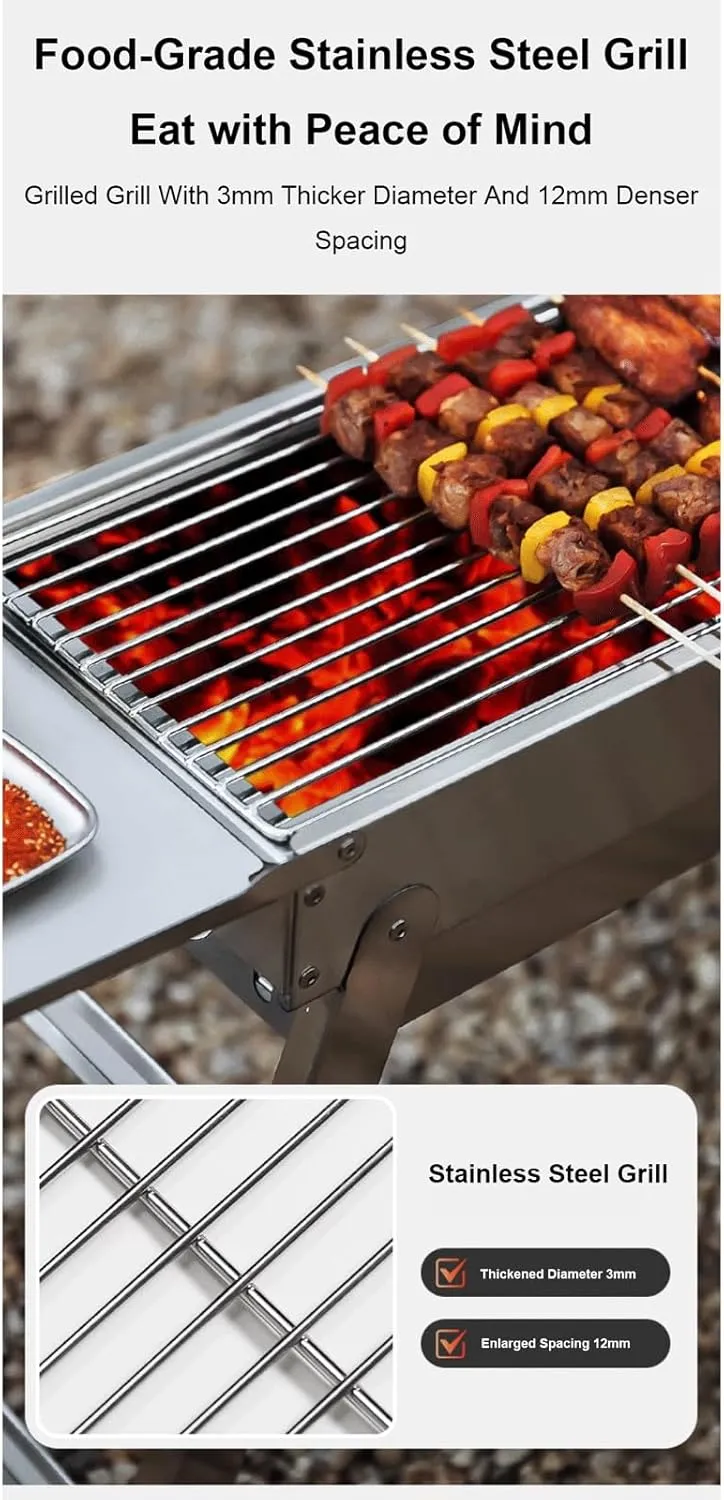 Portable Charcoal Grill Foldable Stainless Steel Barbecue Grill Outdoor Folding Bbq Grill with Side Shelves for Travel Cooking Camping Picnic