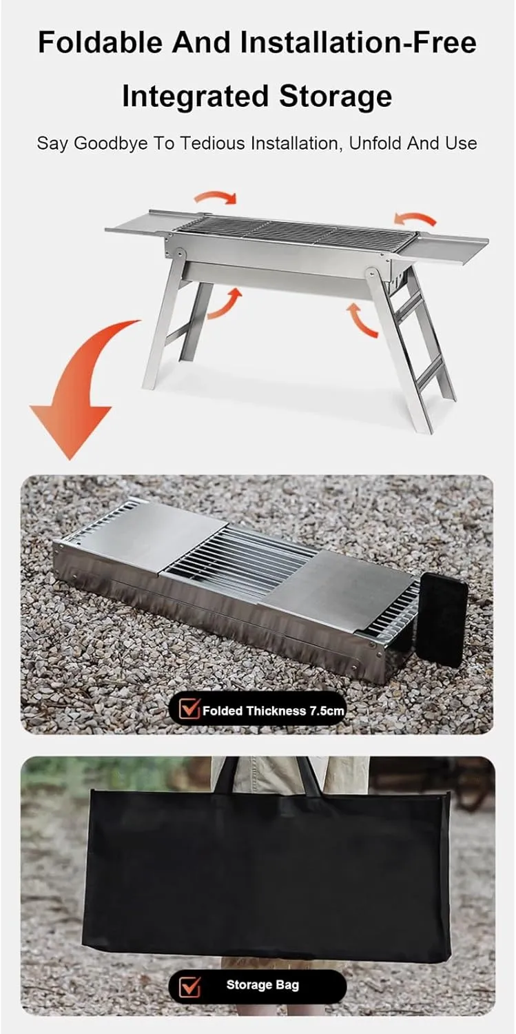 Portable Charcoal Grill Foldable Stainless Steel Barbecue Grill Outdoor Folding Bbq Grill with Side Shelves for Travel Cooking Camping Picnic