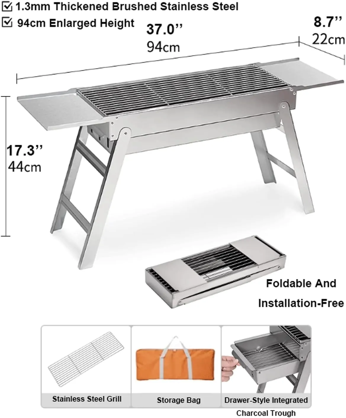 Portable Charcoal Grill Foldable Stainless Steel Barbecue Grill Outdoor Folding Bbq Grill with Side Shelves for Travel Cooking Camping Picnic